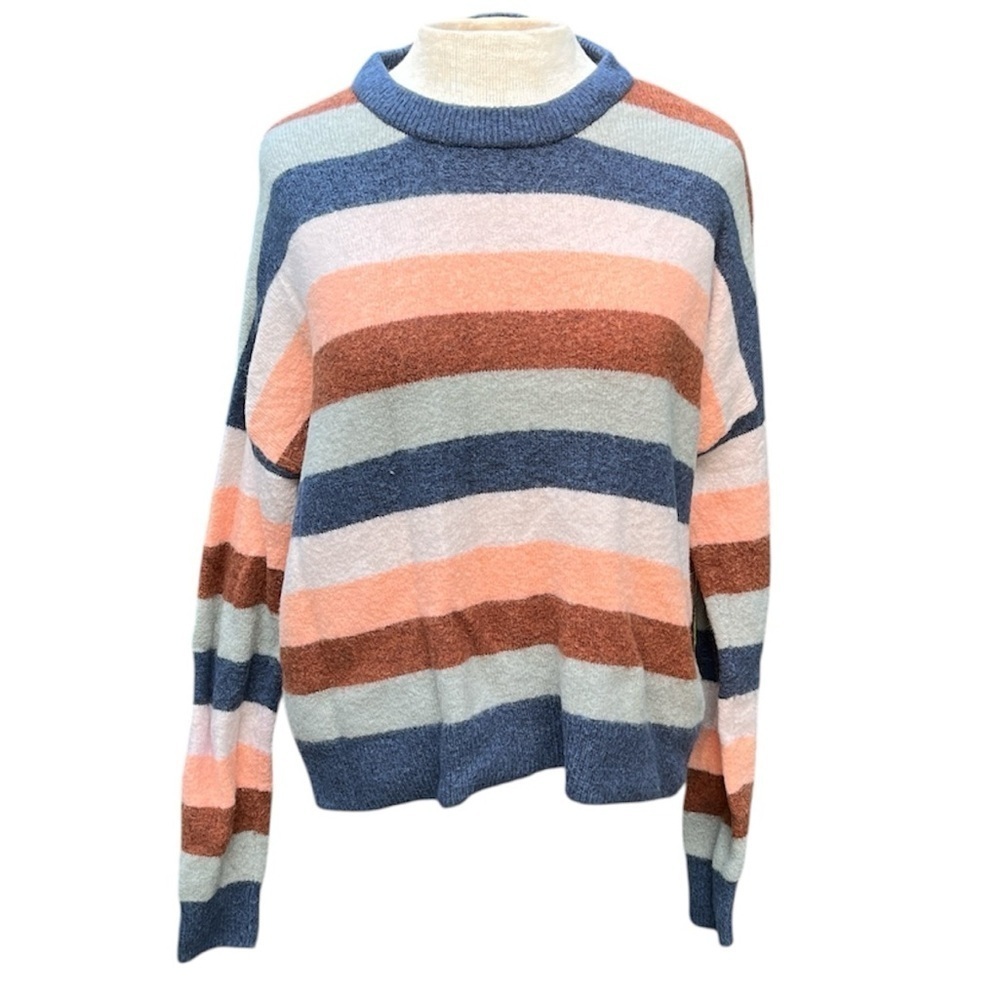Madewell Pullover Sweater in Elmwood Stripe Orange Blue Size Small Alpaca Wool - Picture 2 of 10
